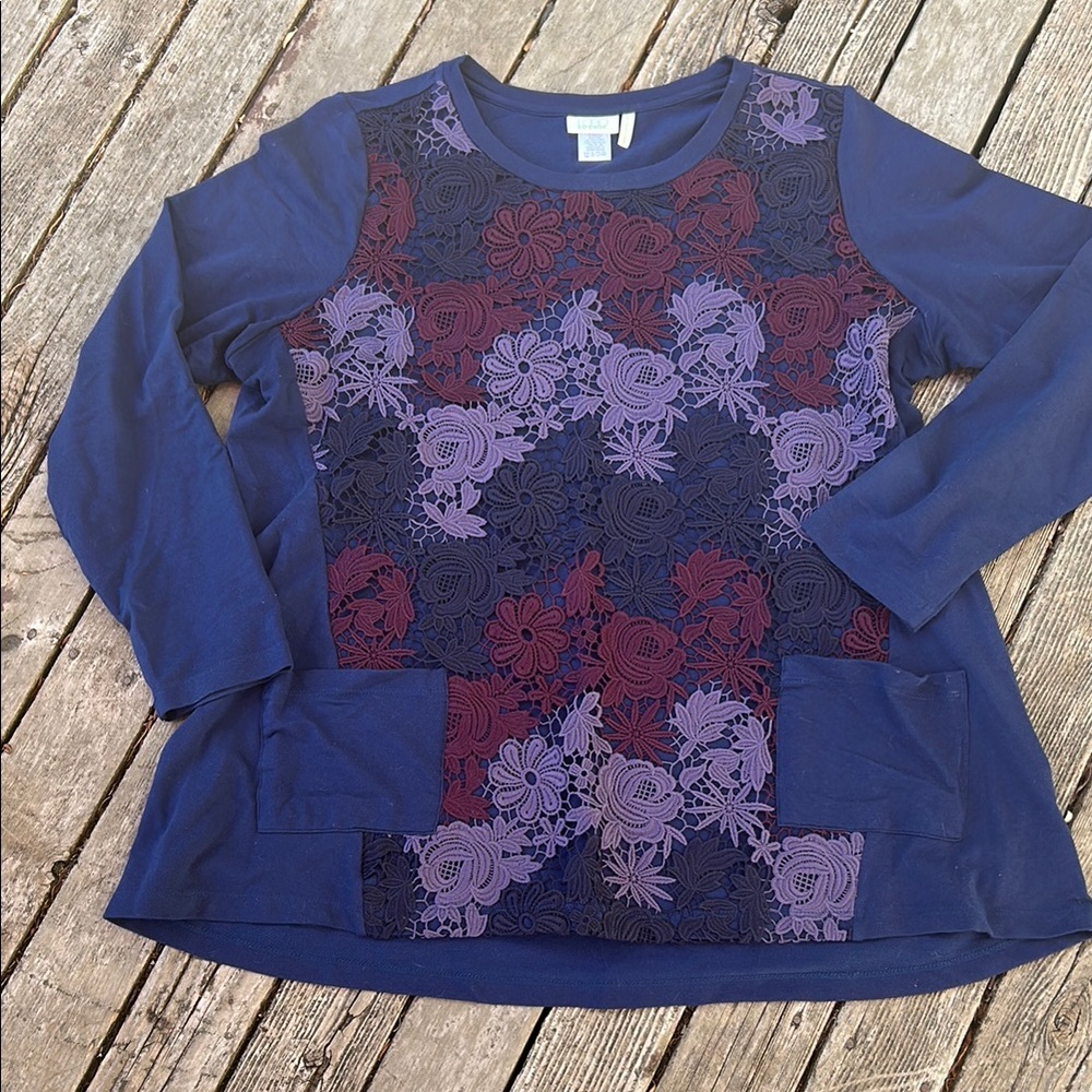 LOGO by Lori Goldstein Blue and Purple Floral lace Top